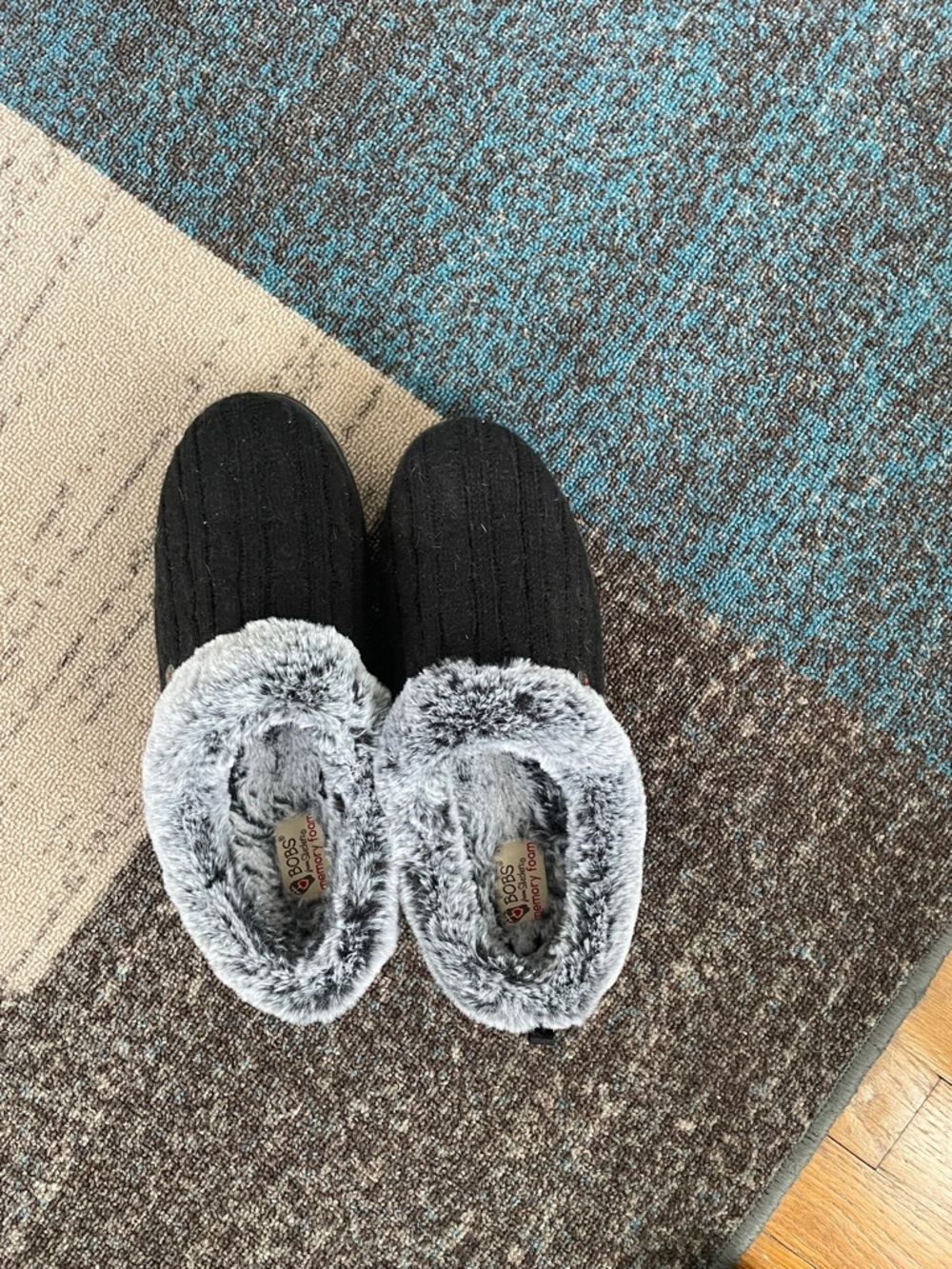 Skechers Black Knit Slip-On Slippers with Gray Faux Fur Collar